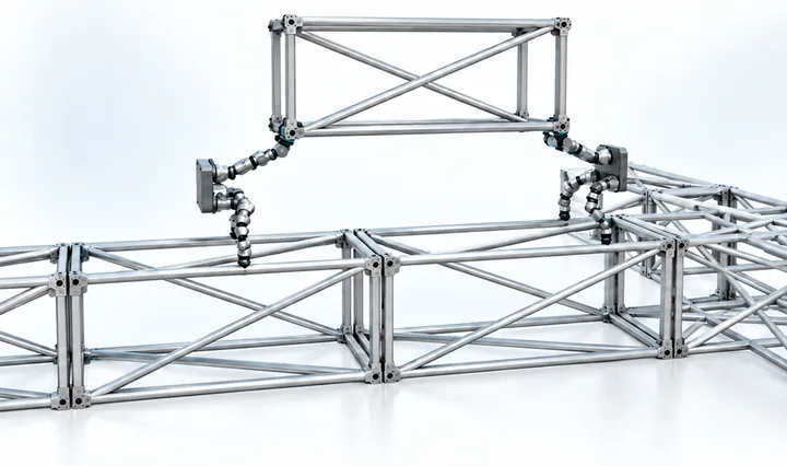 Two arms anchored on either side of a truss jointly hold a truss unit for alignment and joining