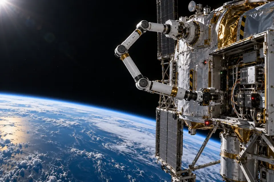 Orbital Works key art: a white multi-joint arm working on the outside of a facility in Earth orbit