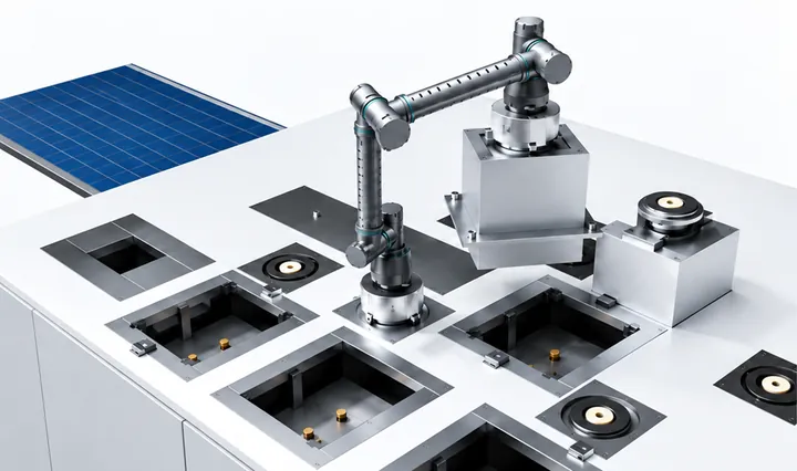 S7 arm anchored at one end to a cooperative interface on a facility surface, the other end handling a module, with tool stations and interface sites around it
