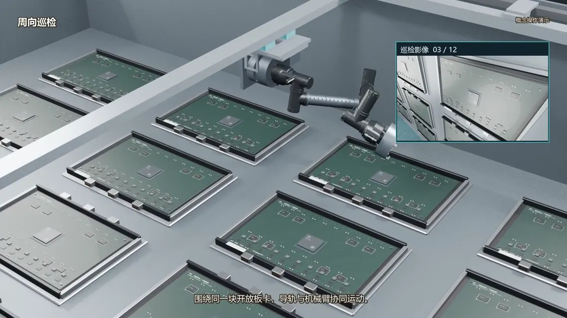 Mission simulation still: a compact arm inspecting circuit-board units inside a bay