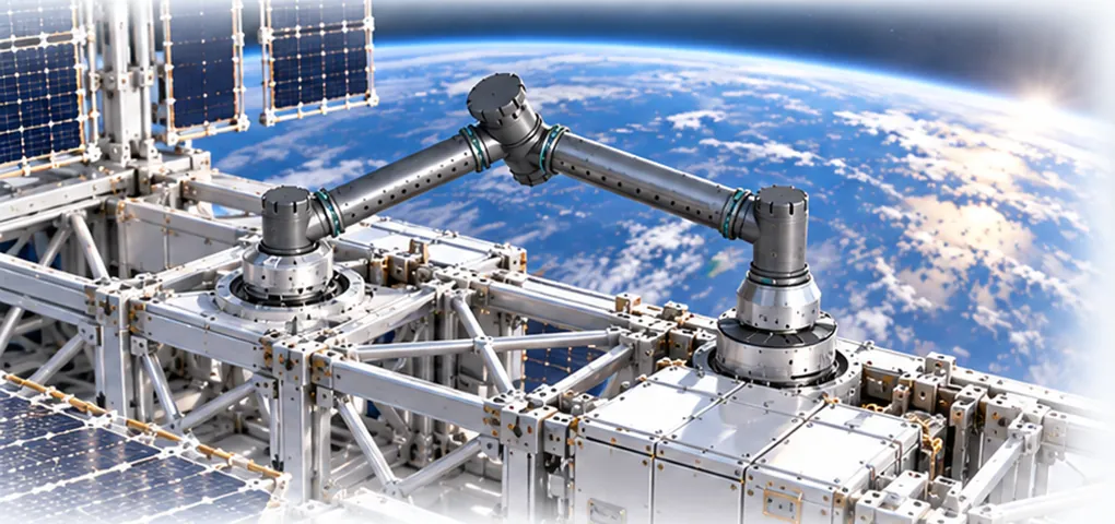 Robotic arm working on the surface of a large truss facility in Earth orbit